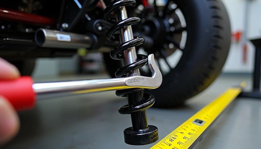 Macro close‑up of AST 5100 coilover with spanner wrench on spring perch, tape measure showing ride height change