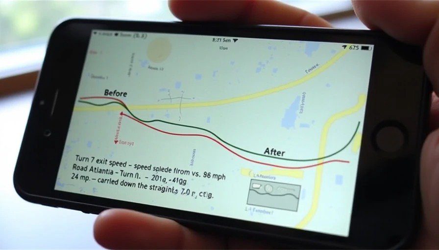 Data logger screen showing Turn 7 exit speed – red trace 82 mph (before) vs. green trace 86 mph (after) – +4 mph gain