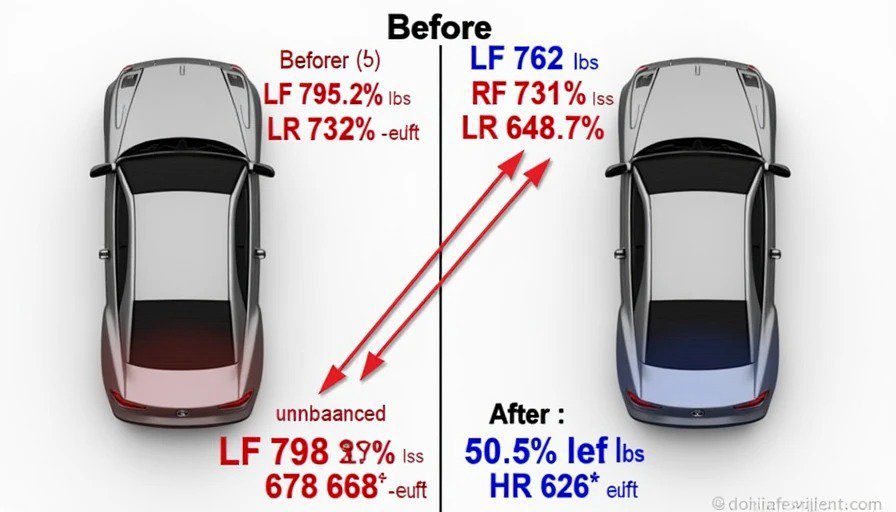 Car overhead diagram – before: LF 798, RF 712, LR 692, RR 648 (52.3% left) – after: LF 762, RF 748, LR 678, RR 662 (50.5% left)