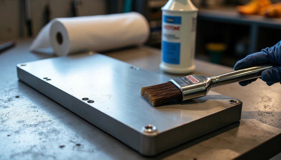 Stainless steel brush brushing aluminum in one direction, acetone and paper towels nearby – cleaning is 90% of welding