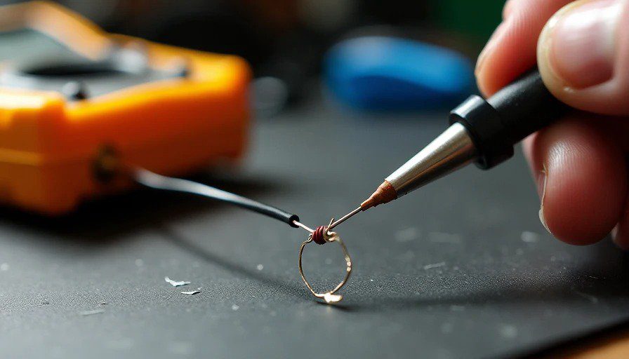 Macro close‑up of soldering a 1kΩ resistor between tach signal and +12V – fixed the tach after 3 days