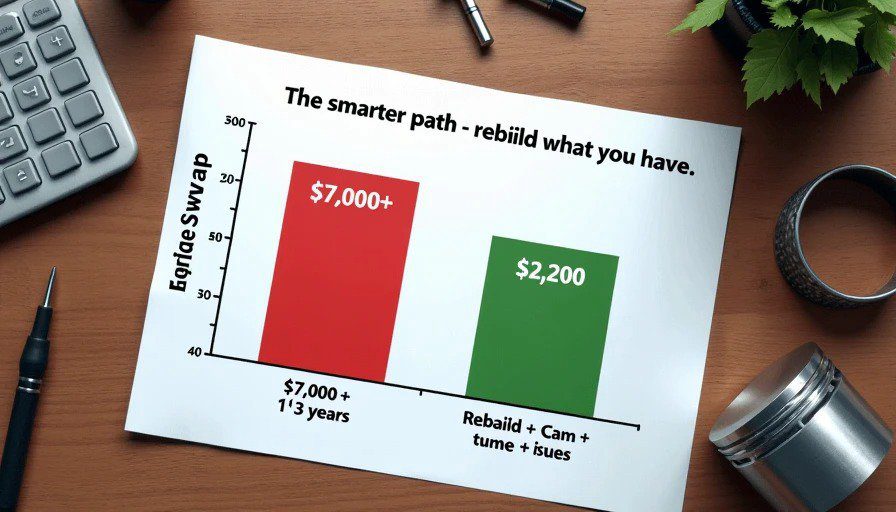 Pie chart comparison – swap $7,000+ and 1‑3 years vs. rebuild/cam/tune $2,200 and 1 month – smarter path