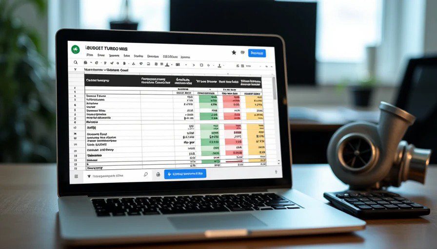 Laptop screen showing Google Sheet – columns for parts, sources, costs, status – total $2,485 bought, $1,015 remaining