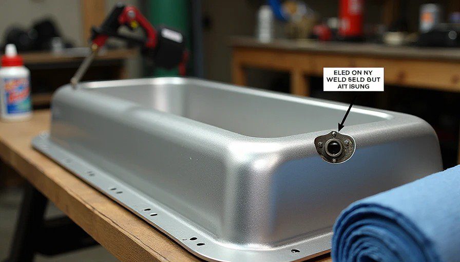 Miata aluminum oil pan on workbench with weld-on 1/2" NPT bung at 45° angle – critical for turbo oil return