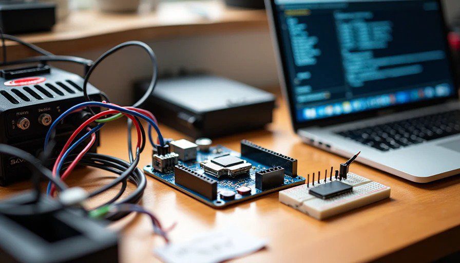 Workbench with Holley ECU, BRZ BCM, Arduino-based CAN bridge, laptop with CAN data – 16 hours of coding
