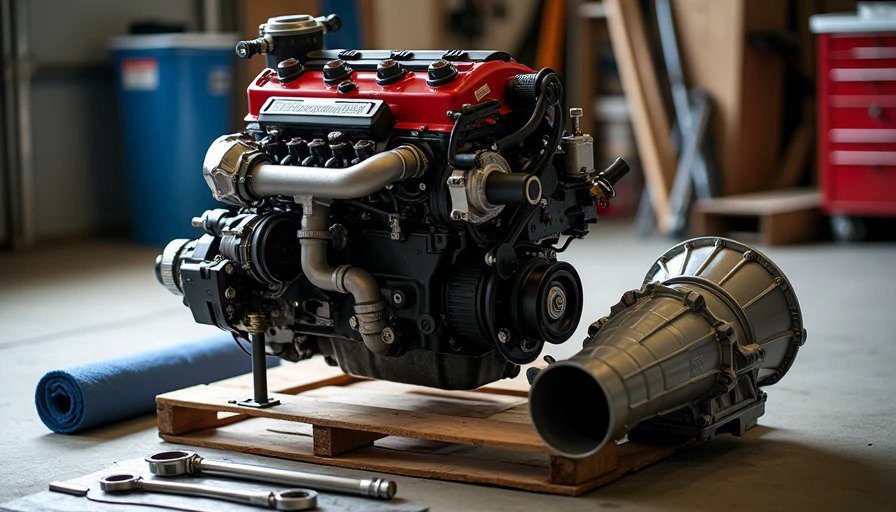 Red-top SR20DET engine on pallet with T25 turbo, intake manifold, and used FS5W71C transmission on floor Realistic close-up of a red-top SR20DET engine on a wooden pallet. The factory T25 turbo, intake manifold, exhaust manifold, injectors, and coils are visible. Next to it, a used FS5W71C transmission rests on the floor.