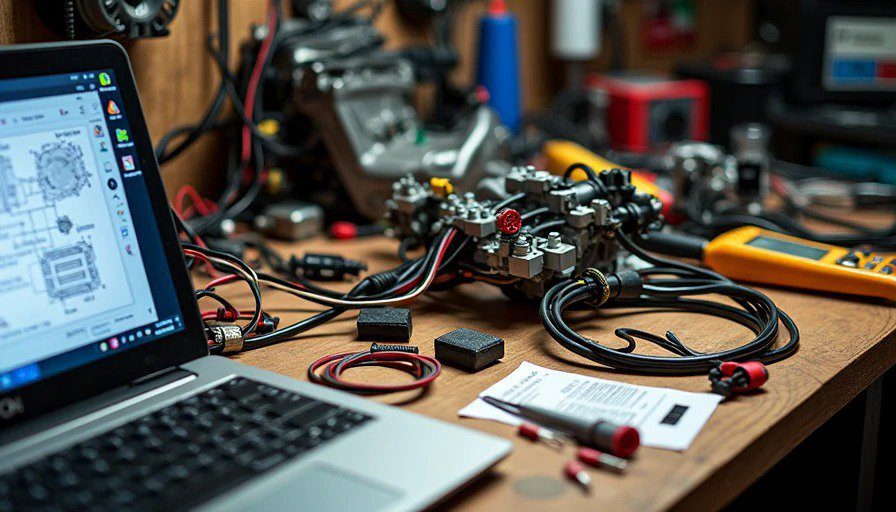 Messy workbench with SR20 harness, S13 body harness, laptop with wiring diagram, multimeter, and soldering iron Realistic close-up of a messy workbench covered in wiring. A used SR20 engine harness and stock S13 body harness are spread out, with connectors and cut wires visible. A laptop shows a wiring diagram for a red-top SR20.