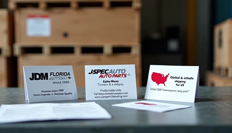Flat‑lay of business cards for JDM Florida, J‑Spec Auto, Global JDM – best for engines, transmissions, heavy parts