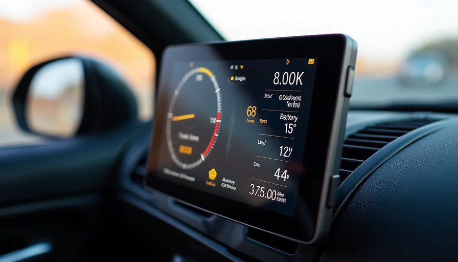 7‑inch screen showing Pygame dashboard with tachometer bar, speed 68 mph, coolant 195°F, fuel ¾, voltage 14.2V, oil 42 psi – shift light yellow