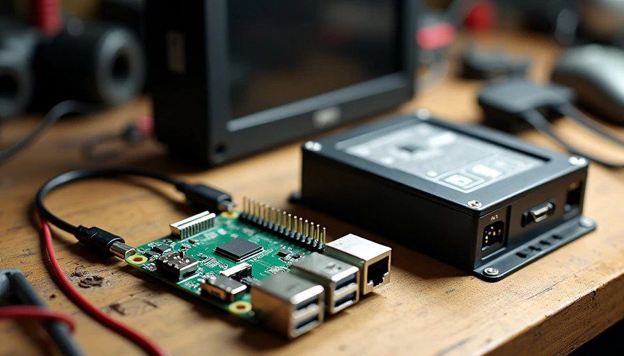 Workshop bench with Raspberry Pi 4, PiCAN2 hat, 7‑inch screen, DC‑DC converter, CAN wires, and 3D‑printed enclosure