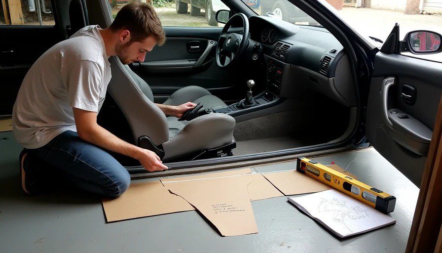 Garage with stripped E36 interior, race seat mounted, person using plumb bob and string to mark main hoop position Realistic photo of a garage with an E36 interior stripped. A race seat is mounted, with the steering wheel installed. A person kneels beside the car, using a plumb bob and string line to mark the floor under the main hoop's intended position. Cardboard templates for mounting plates are taped to the floor.