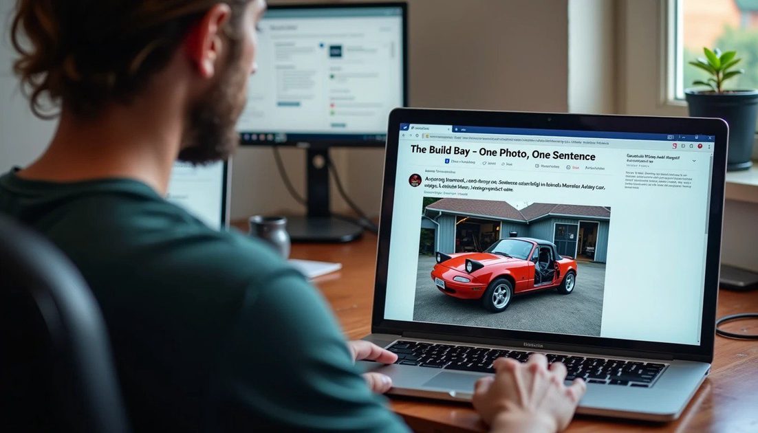 Builder at laptop with Miata turbo project photo on screen – posting one-sentence intro to The Build Bay
