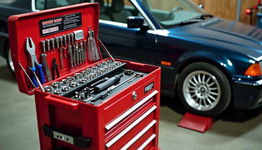 Close-up of red Harbor Freight 4-drawer rolling tool cart with organized sockets, screwdrivers, and magnetic parts tray