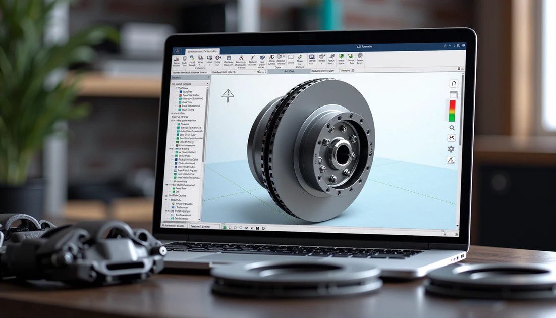 Laptop screen showing CAD model of brake cooling backing plate – 3″ duct hole, inner flange for rotor vanes, aluminum