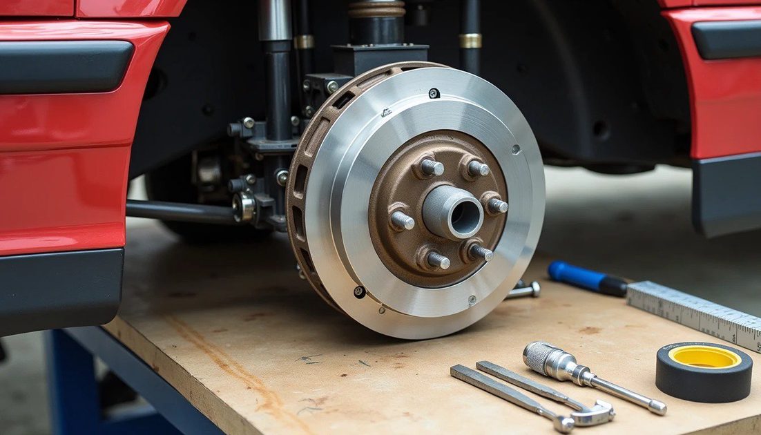E36 front upright on workbench with prototype brake cooling plate test-fitted – 3″ hole, clears suspension and wheel Realistic photo of a garage workshop with an E36 front upright and hub assembly mounted on a workbench.