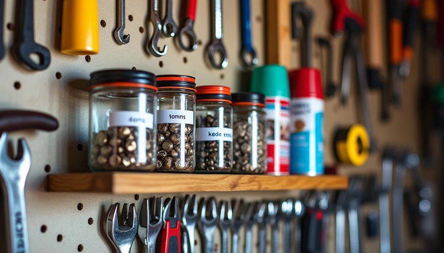 Garage pegboard with hanging tools and labeled jars for fasteners – “no more lost 10mm sockets
