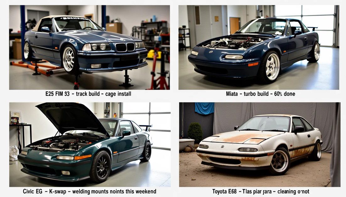 Collage of four project cars – E36 track car, Miata turbo, Civic K‑swap, AE86 restoration – all welcome